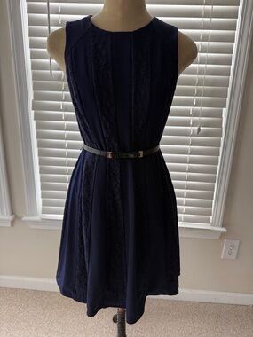 Jessica Simpson Navy Sleeveless Lace-Panel Fit-and-Flare Dress